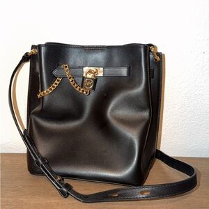 Michael Kors Black Leather Crossbody with Gold Chain and Padlock